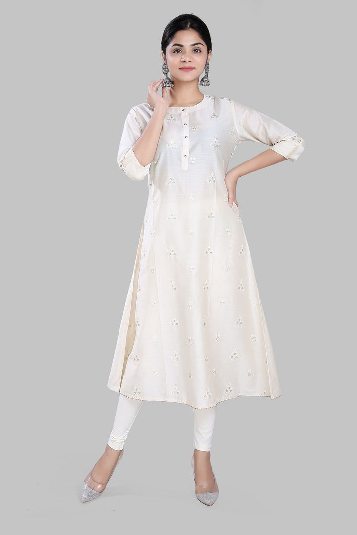 Soheila Cream Cotton Silk Embroidered A-Line Kurta