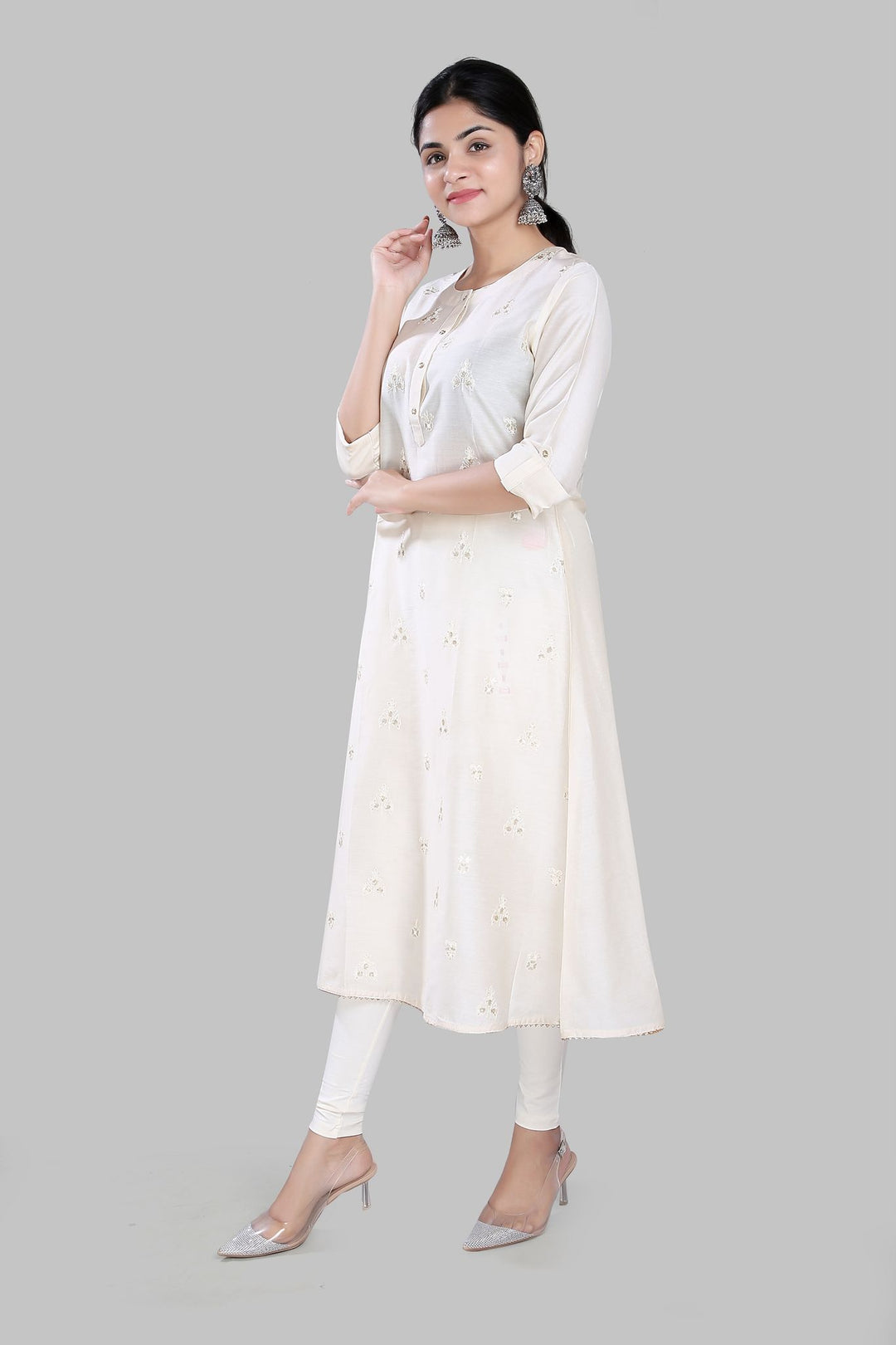 Soheila Cream Cotton Silk Embroidered A-Line Kurta