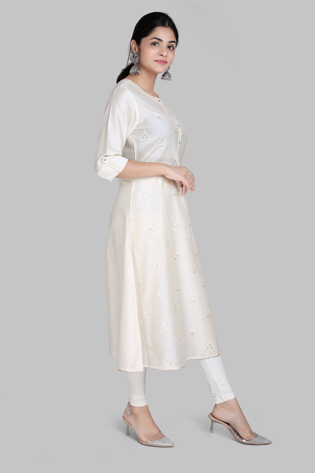 Soheila Cream Cotton Silk Embroidered A-Line Kurta