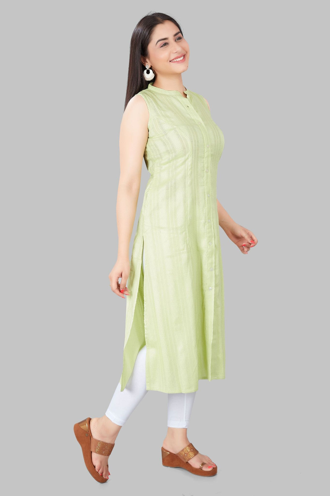 Sopal Neon Green Cotton Sleeves Kurti