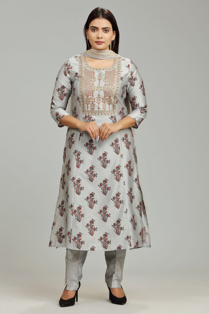 Stella Gray Cotton Silk Embroidered Suit Set