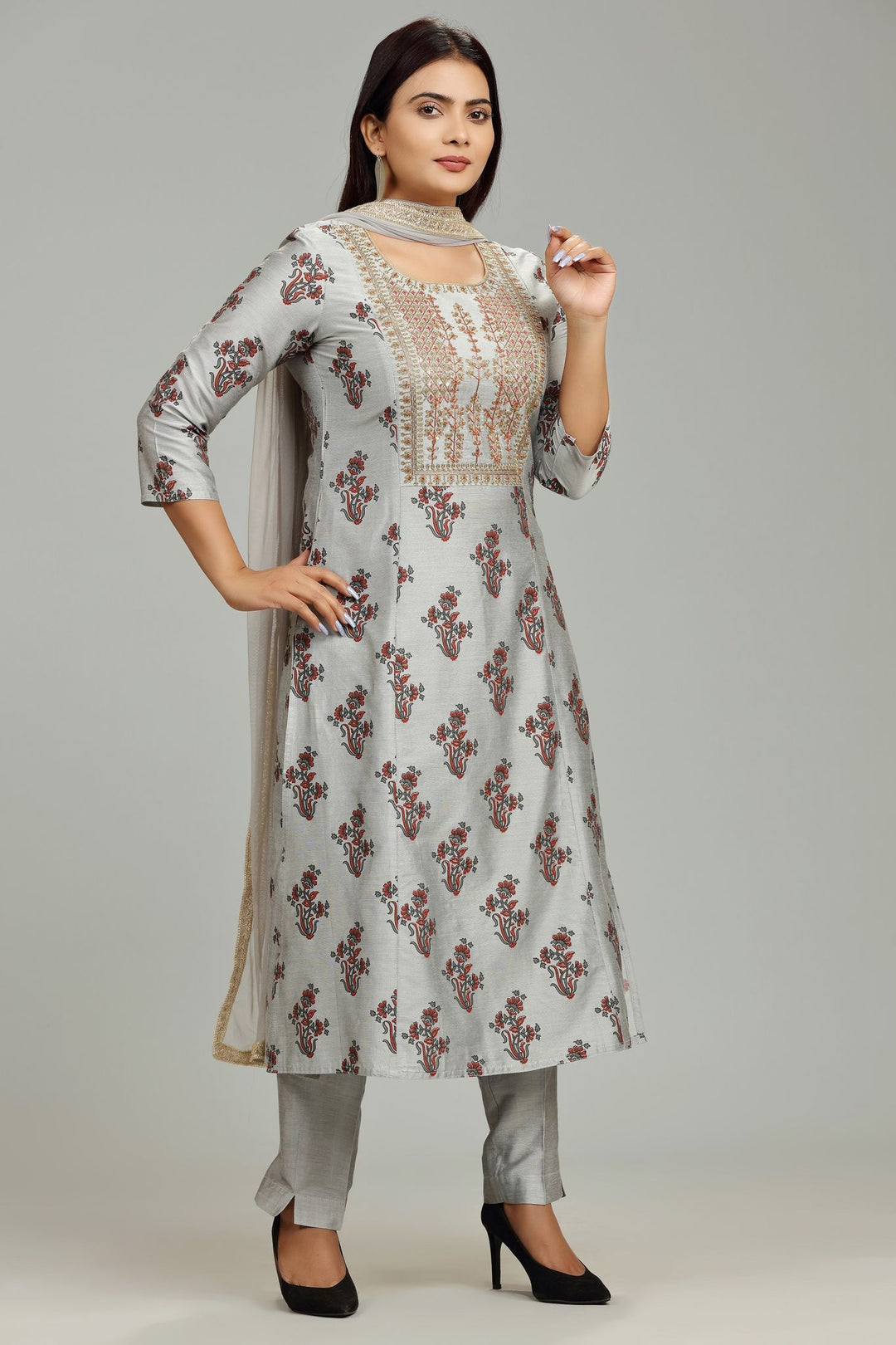 Stella Gray Cotton Silk Embroidered Suit Set