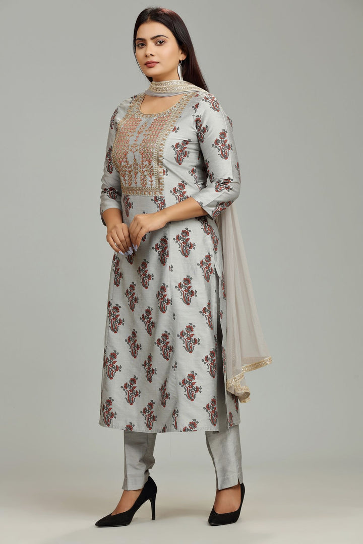 Stella Gray Cotton Silk Embroidered Suit Set