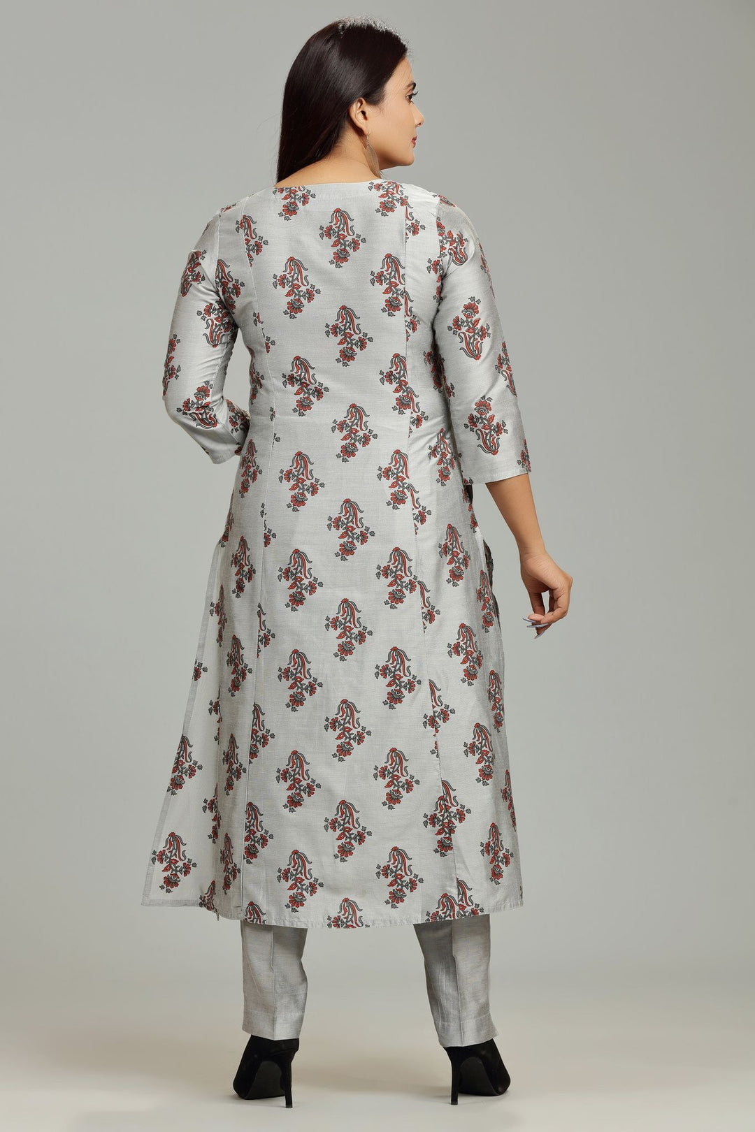 Stella Gray Cotton Silk Embroidered Suit Set