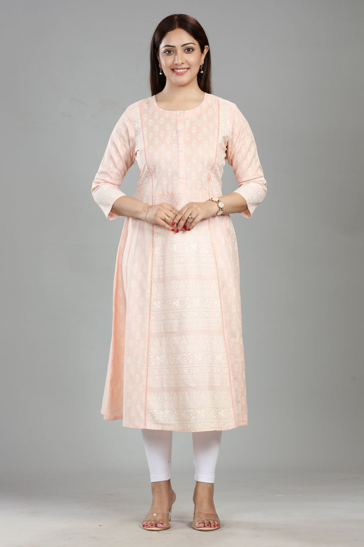 Light Pink Cotton A-Line Printed Straight Kurta