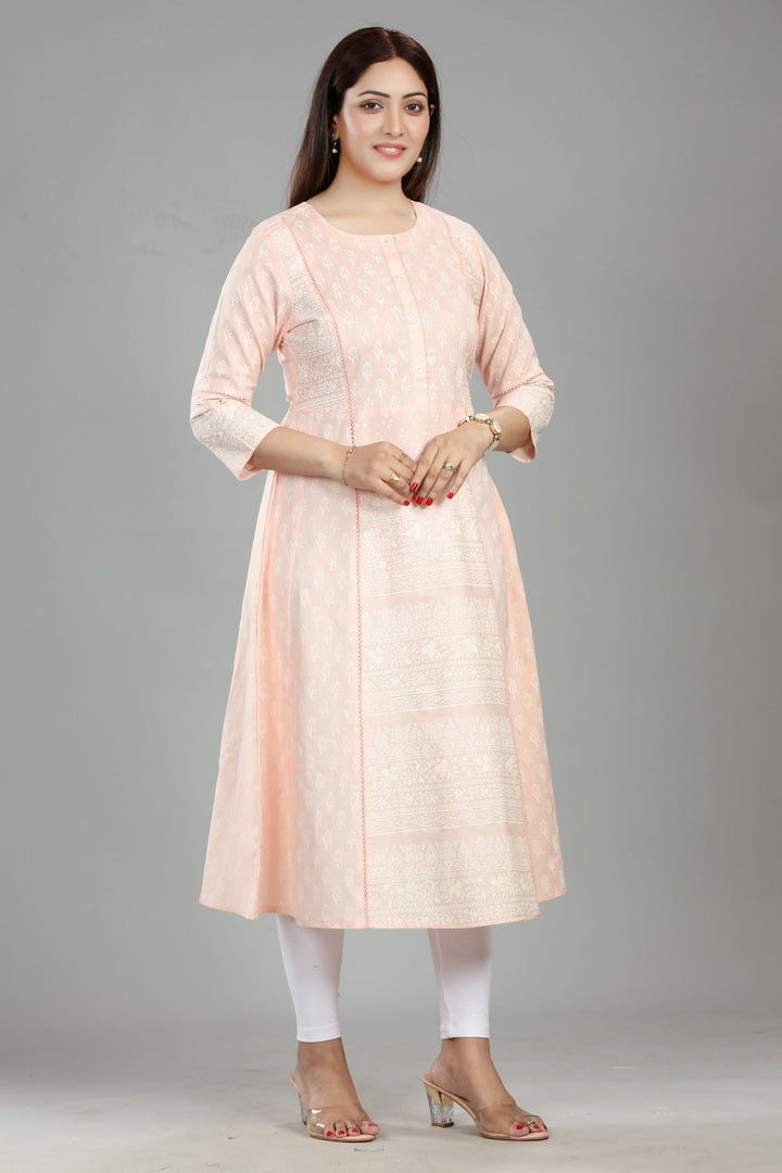 Light Pink Cotton A-Line Printed Straight Kurta