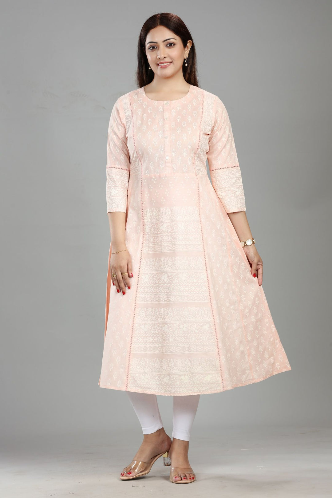 Light Pink Cotton A-Line Printed Straight Kurta