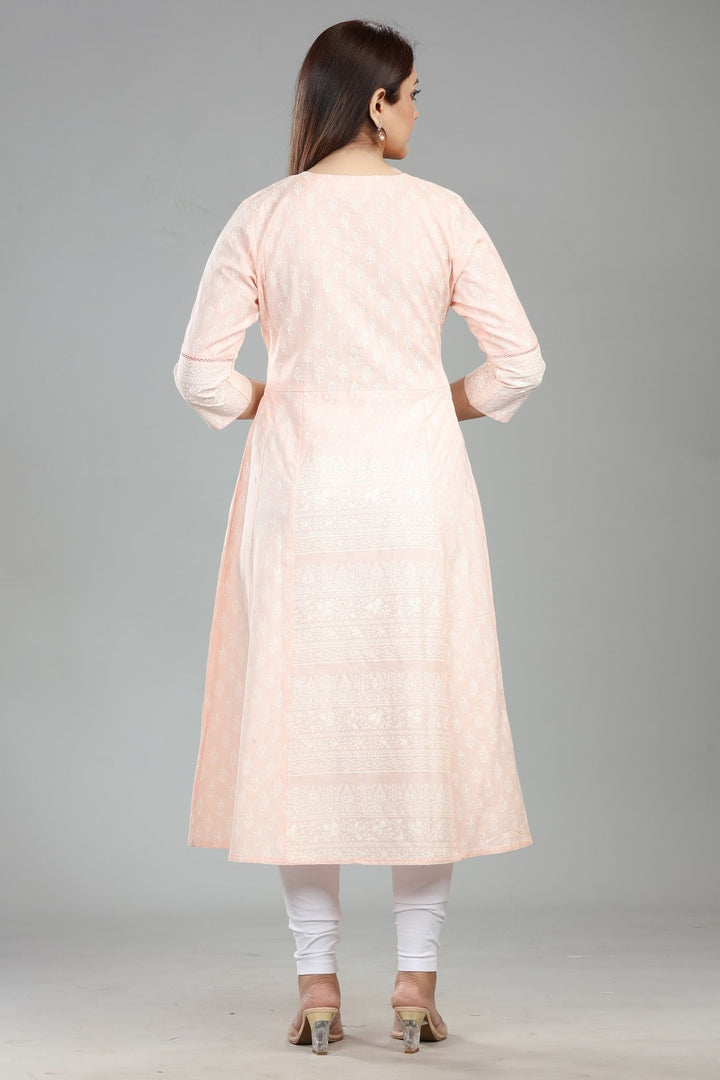 Light Pink Cotton A-Line Printed Straight Kurta