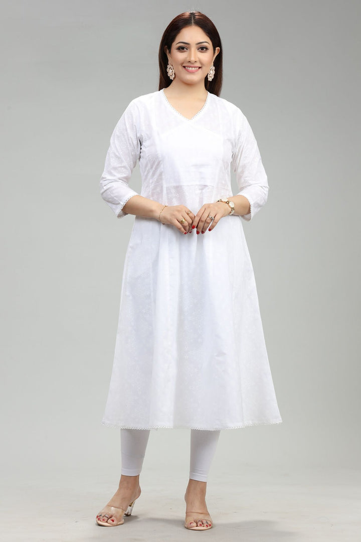 White Cotton A-Line Printed Kurta