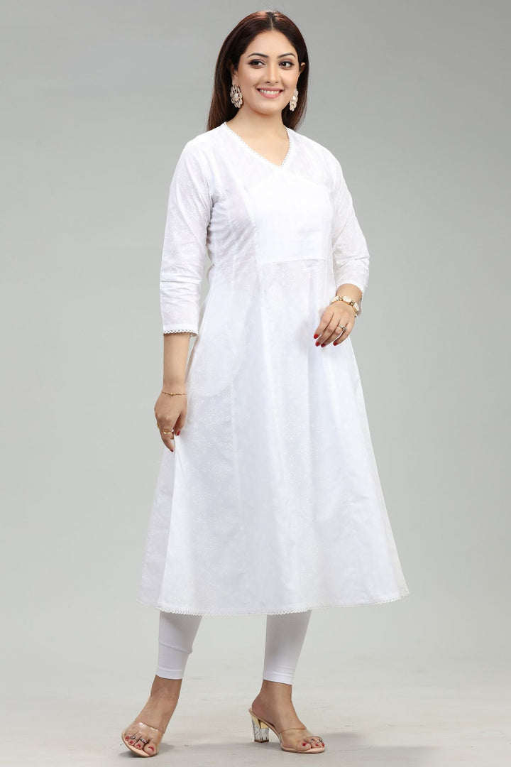 White Cotton A-Line Printed Kurta