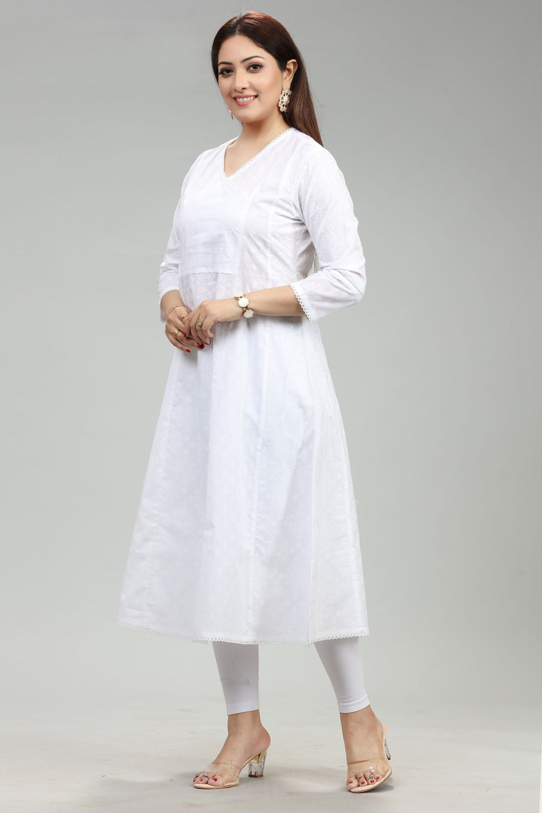 White Cotton A-Line Printed Kurta