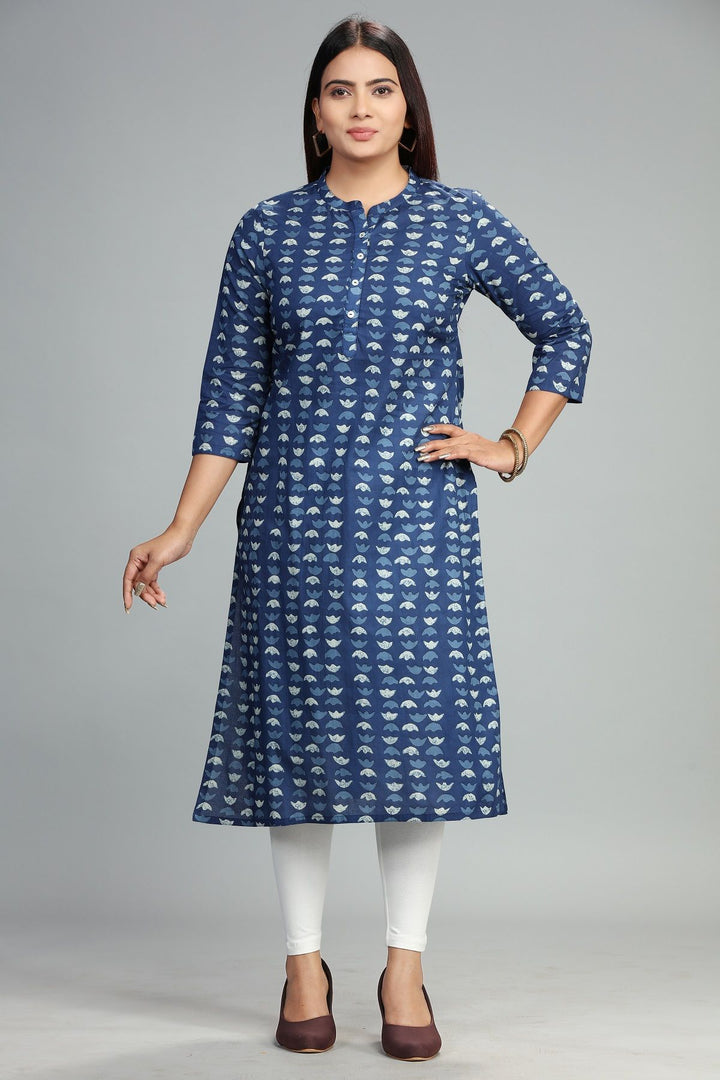 Aaloka Blue Cotton Printed Straight Kurta