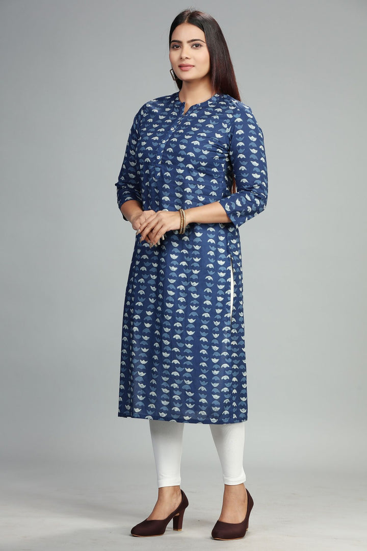 Aaloka Blue Cotton Printed Straight Kurta