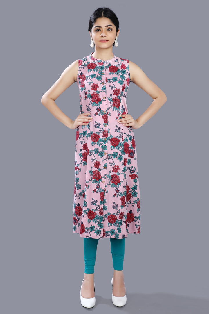 Pink Rayon Floral Print Sleeveless Kurta