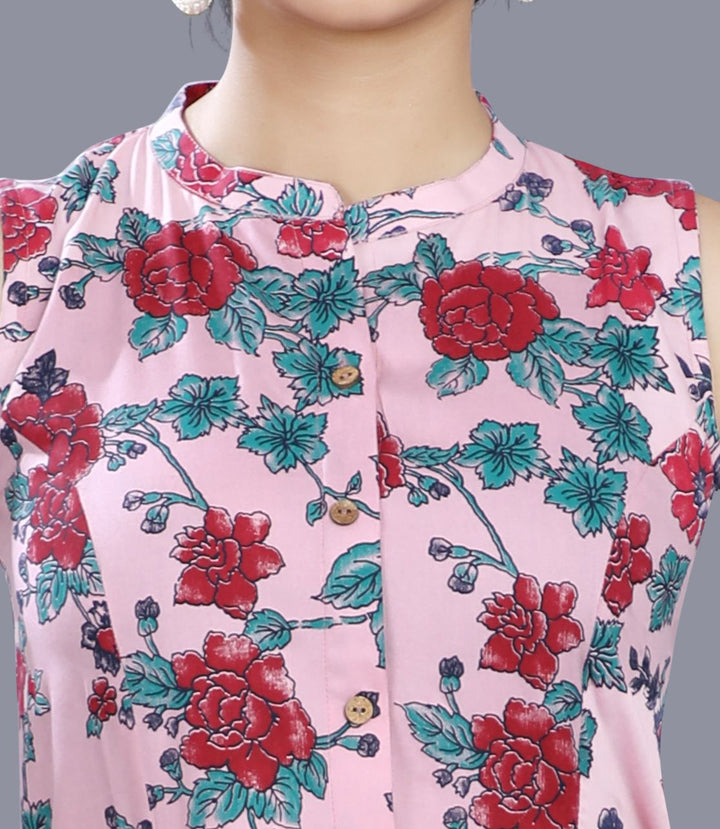 Pink Rayon Floral Print Sleeveless Kurta