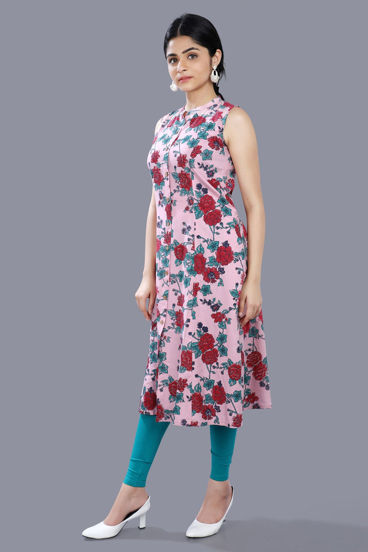 Pink Rayon Floral Print Sleeveless Kurta