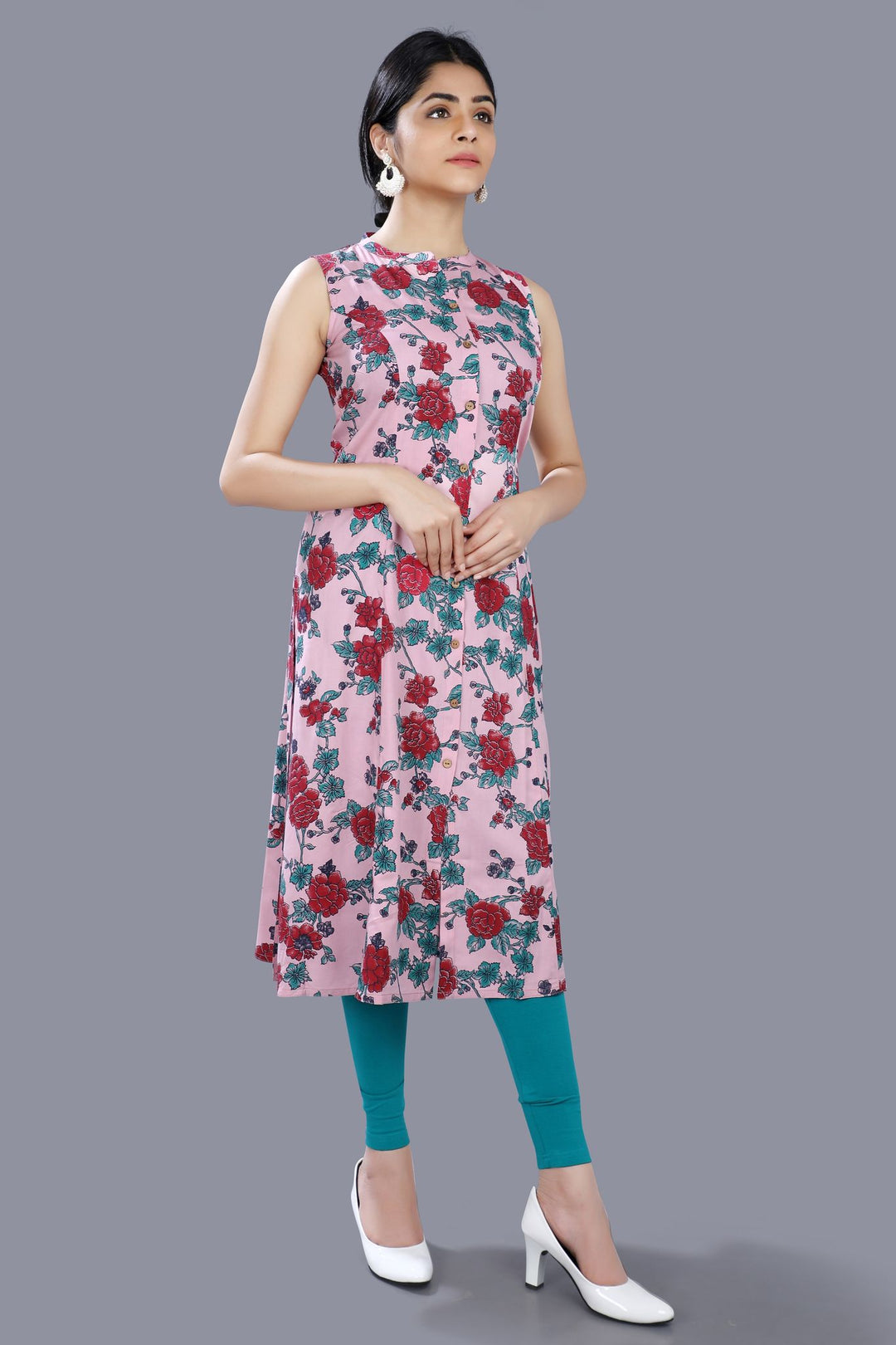 Pink Rayon Floral Print Sleeveless Kurta