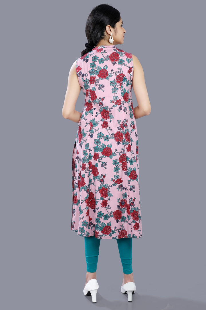 Pink Rayon Floral Print Sleeveless Kurta