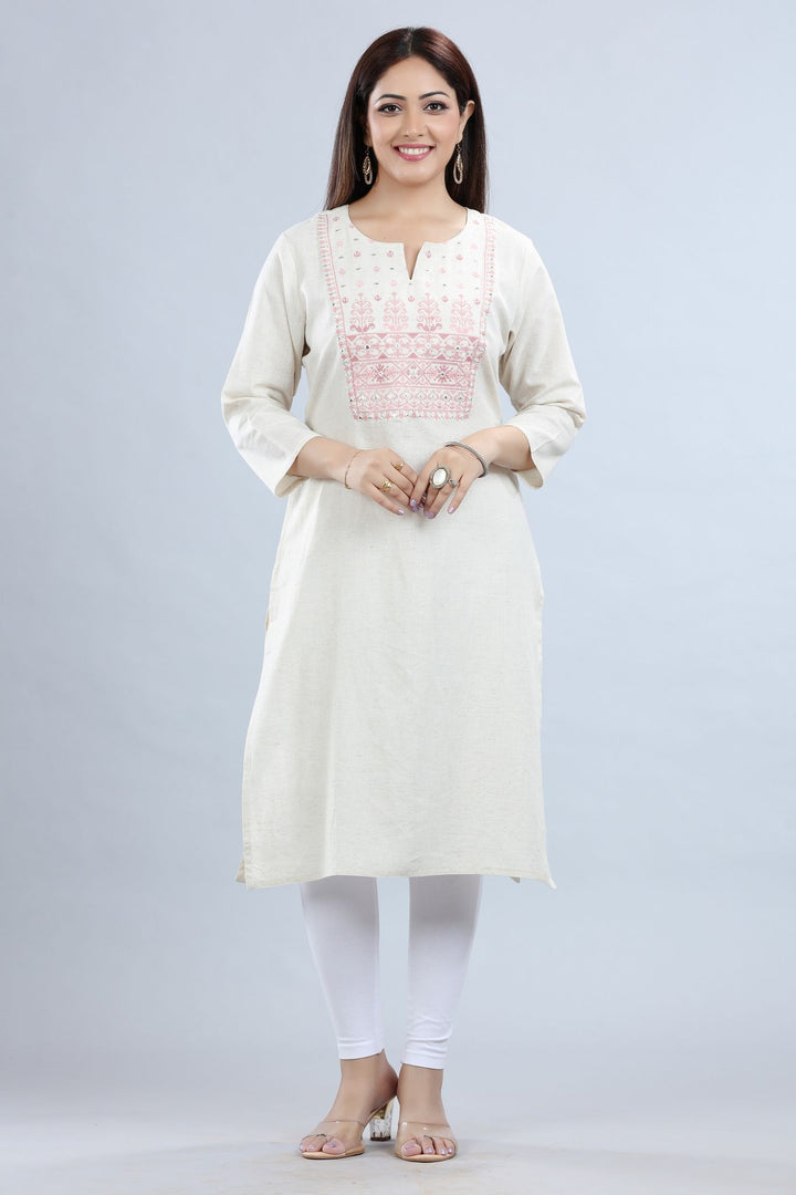 Off White Cotton Straight Embroidered Kurta