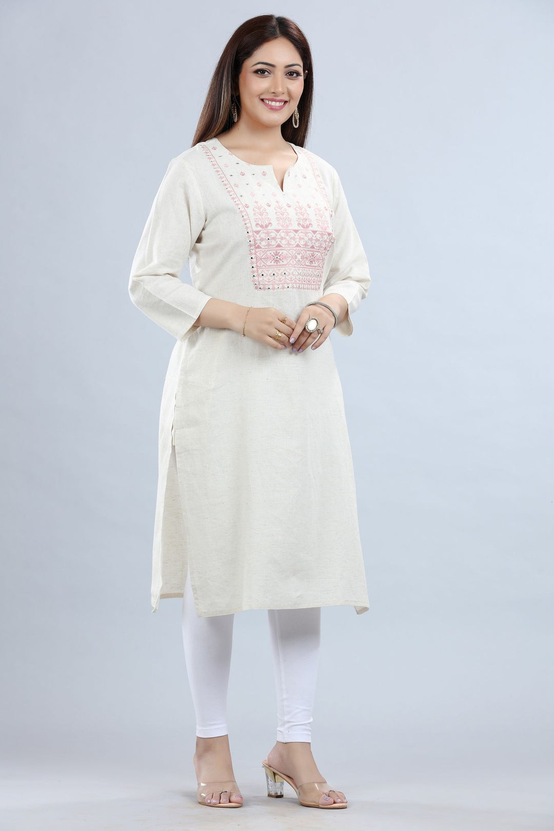 Off White Cotton Straight Embroidered Kurta