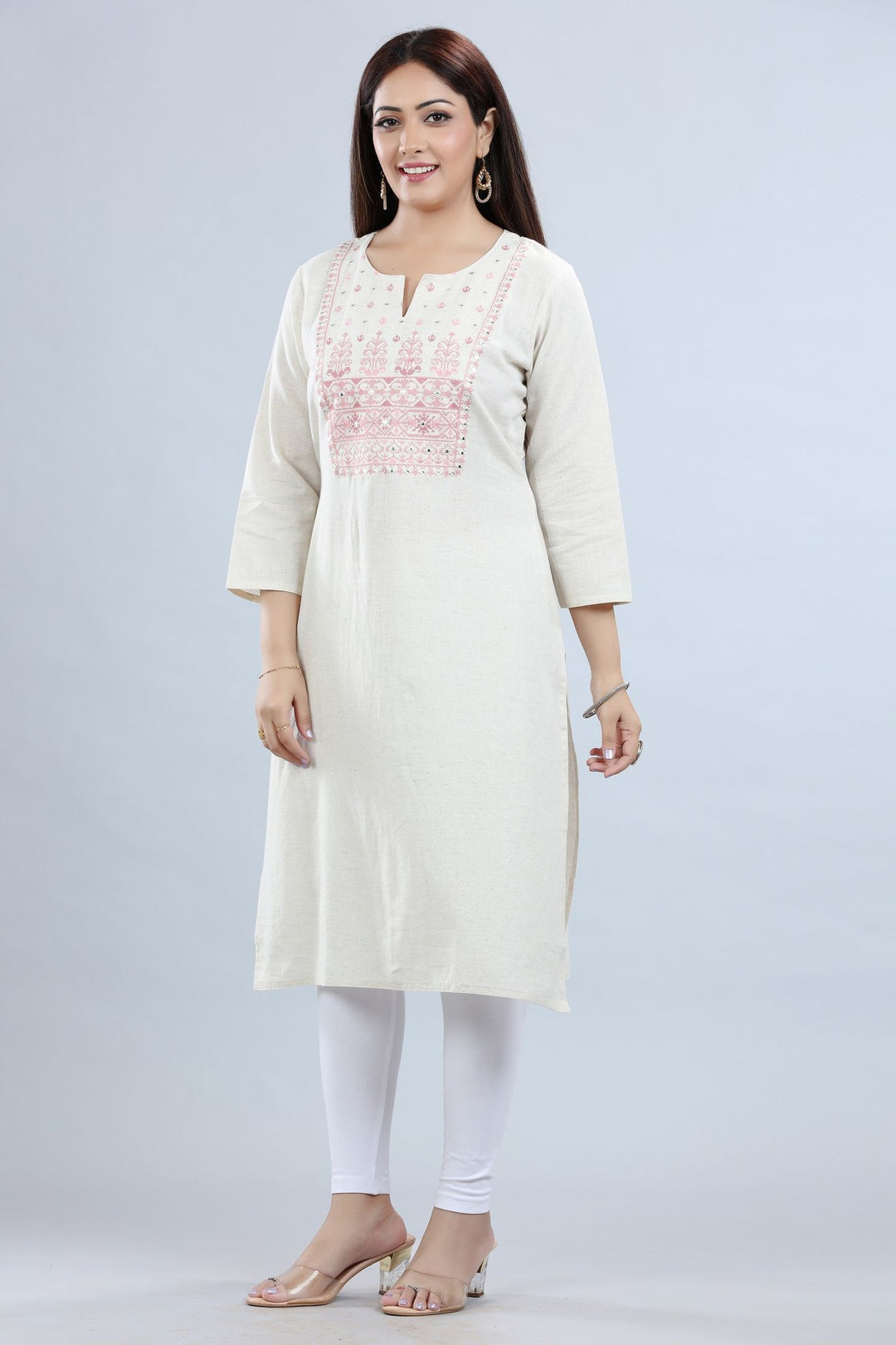 Off White Cotton Straight Embroidered Kurta