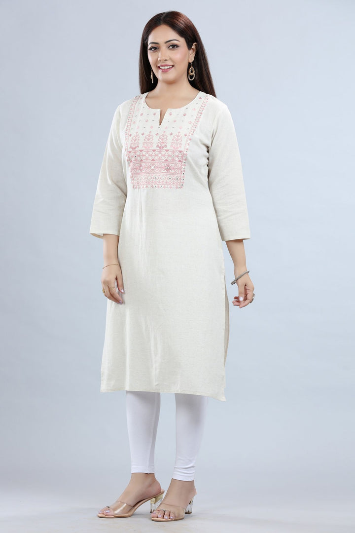 Off White Cotton Straight Embroidered Kurta