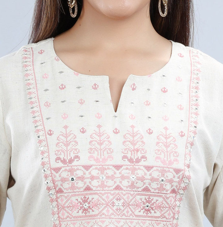 Off White Cotton Straight Embroidered Kurta