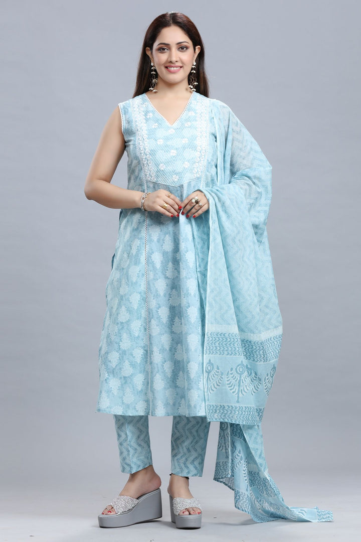 Sky Blue Jaipuri Cotton A Line Embroidered Kurta Pant Suit Set