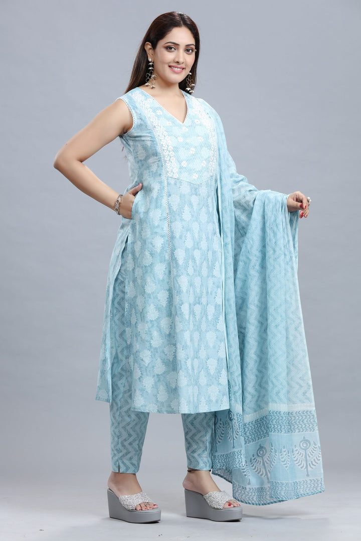 Sky Blue Jaipuri Cotton A Line Embroidered Kurta Pant Suit Set