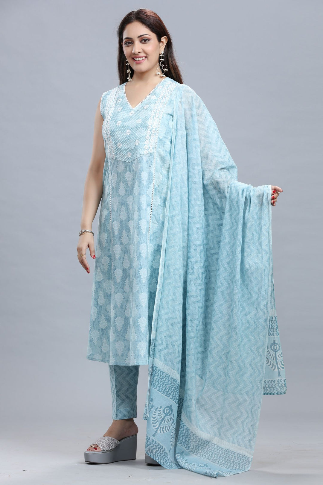 Sky Blue Jaipuri Cotton A Line Embroidered Kurta Pant Suit Set