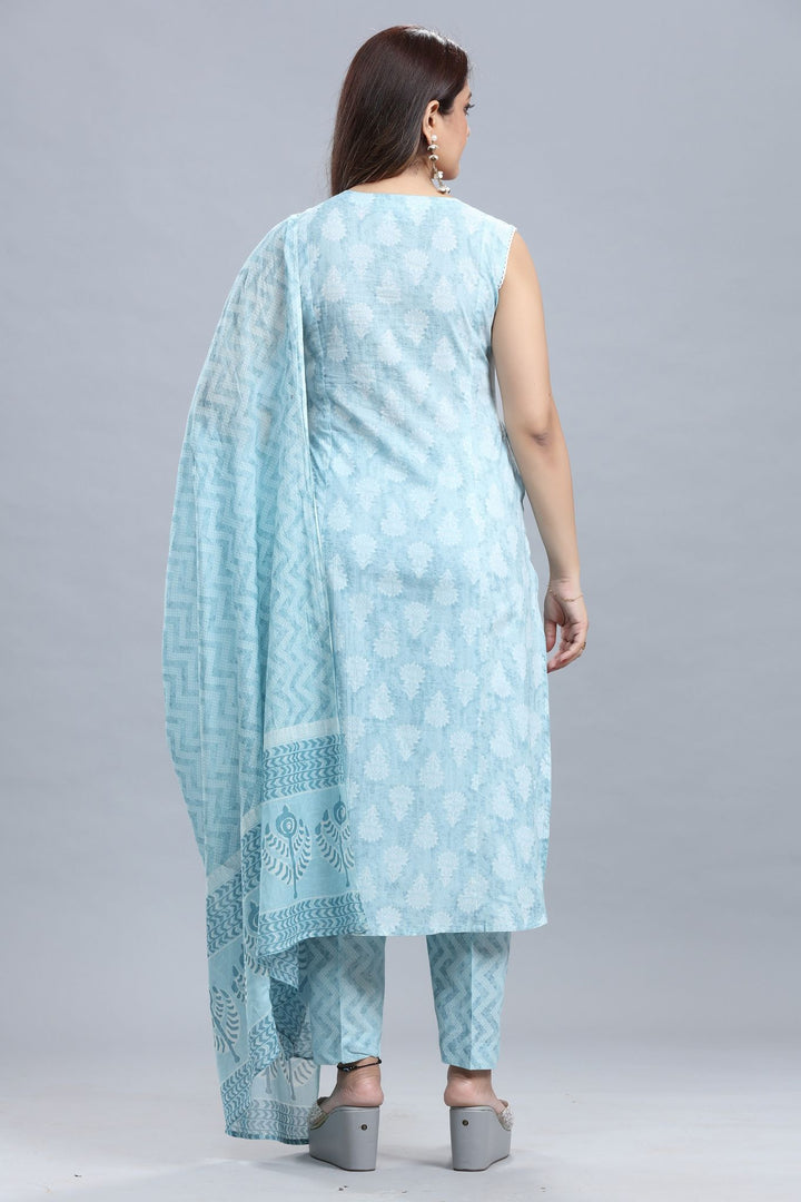 Sky Blue Jaipuri Cotton A Line Embroidered Kurta Pant Suit Set