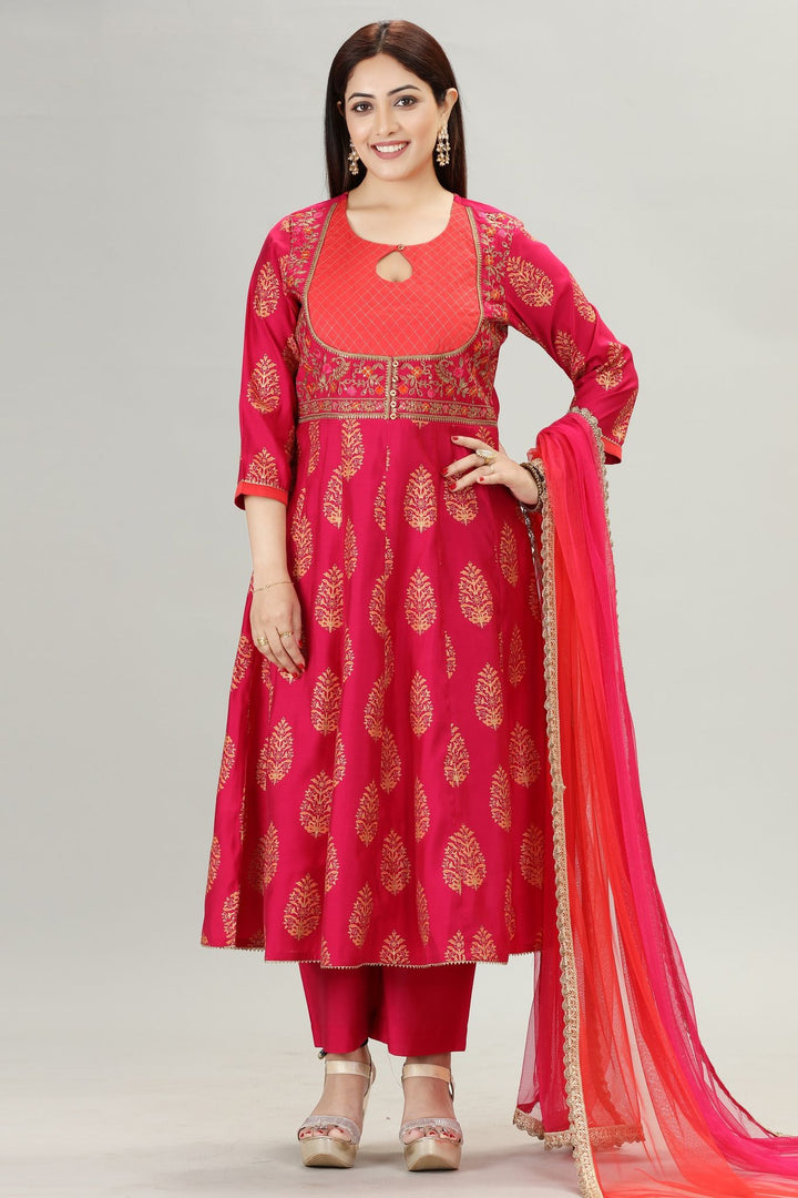 Trushna Orange & Pink Cotton Silk Embroidered Suit Set