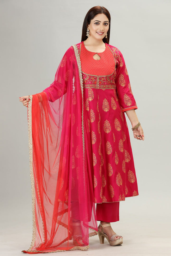 Trushna Orange & Pink Cotton Silk Embroidered Suit Set