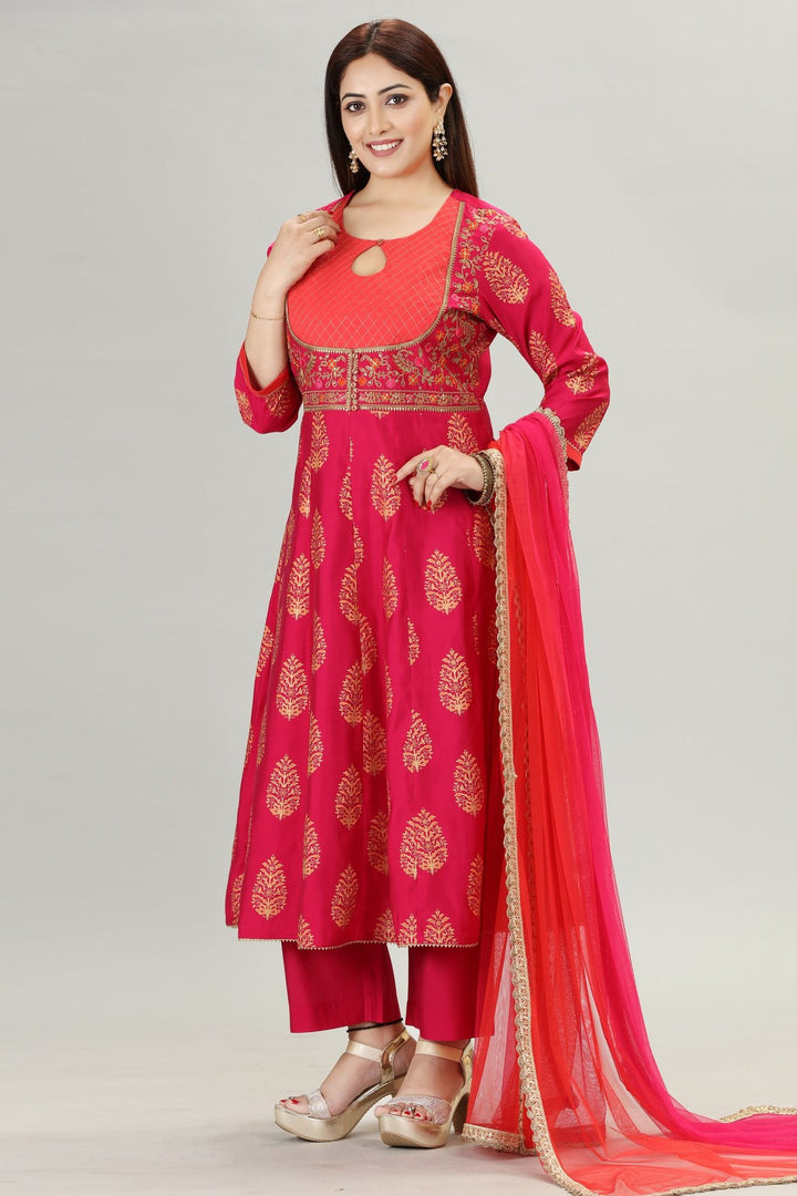 Trushna Orange & Pink Cotton Silk Embroidered Suit Set