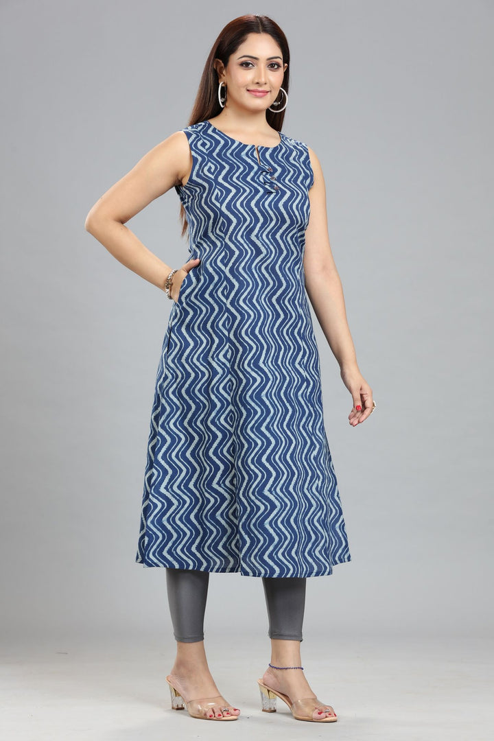 Navy Blue Jaipuri Cotton Printed Sleeveless Kurta