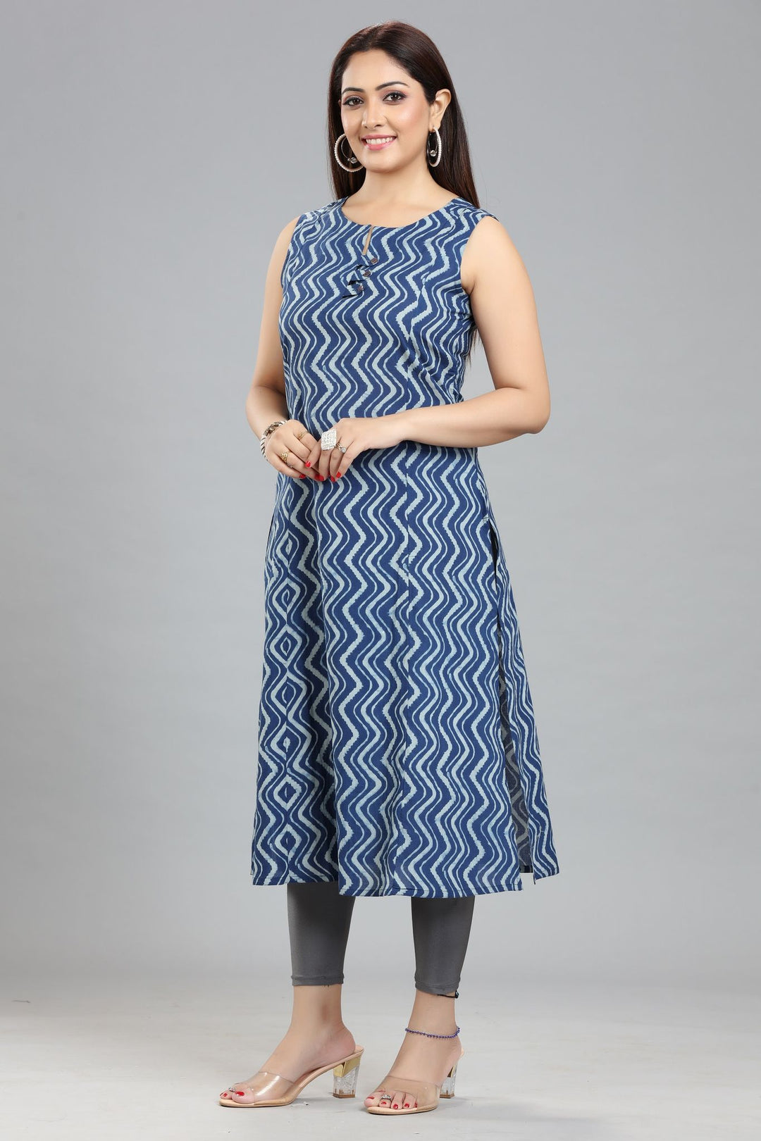 Navy Blue Jaipuri Cotton Printed Sleeveless Kurta