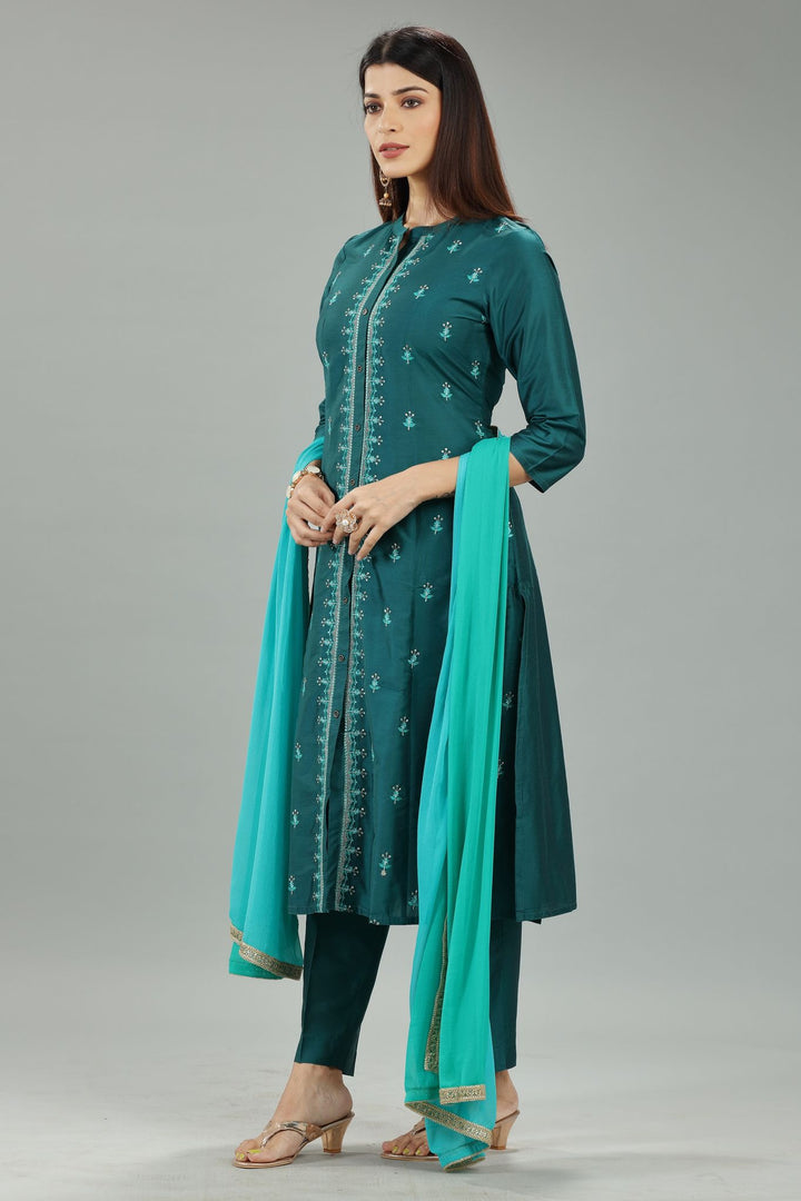 Usmina Green Cotton Silk Embroidered Suit Set