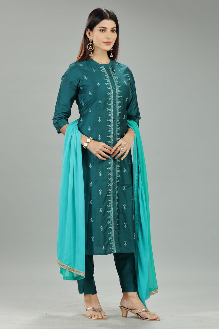 Usmina Green Cotton Silk Embroidered Suit Set