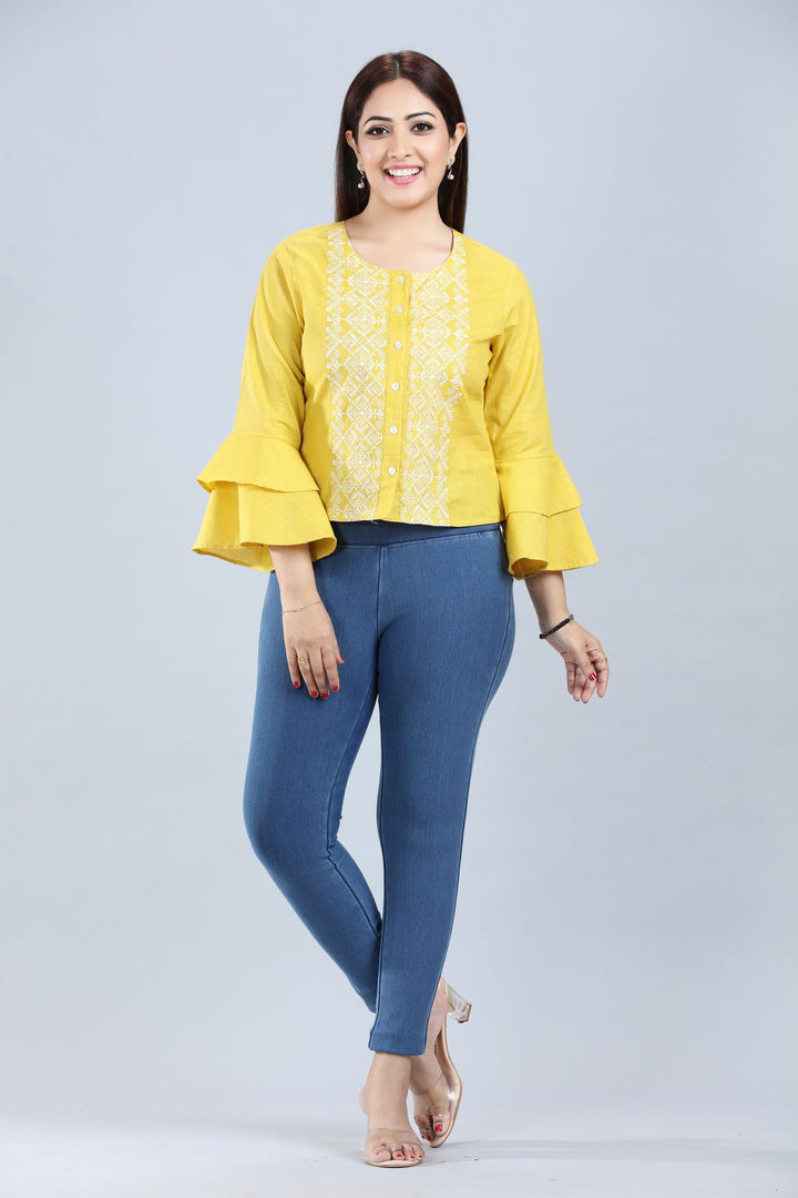 Vaibhavi Yellow Cotton Embroidered Short Kurti