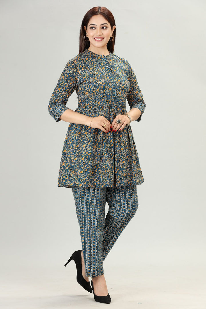 Vamika Navy Blue Cotton Kurta & Pant Set