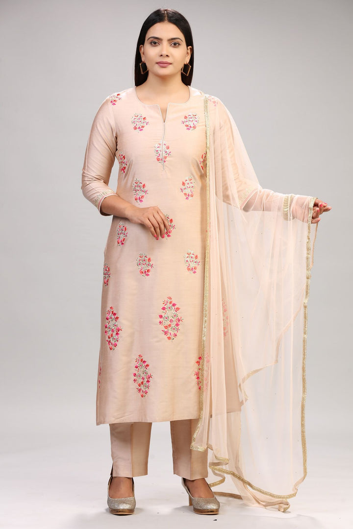 Light Peach Cotton Silk Embroidered Kurta Pant Suit Set