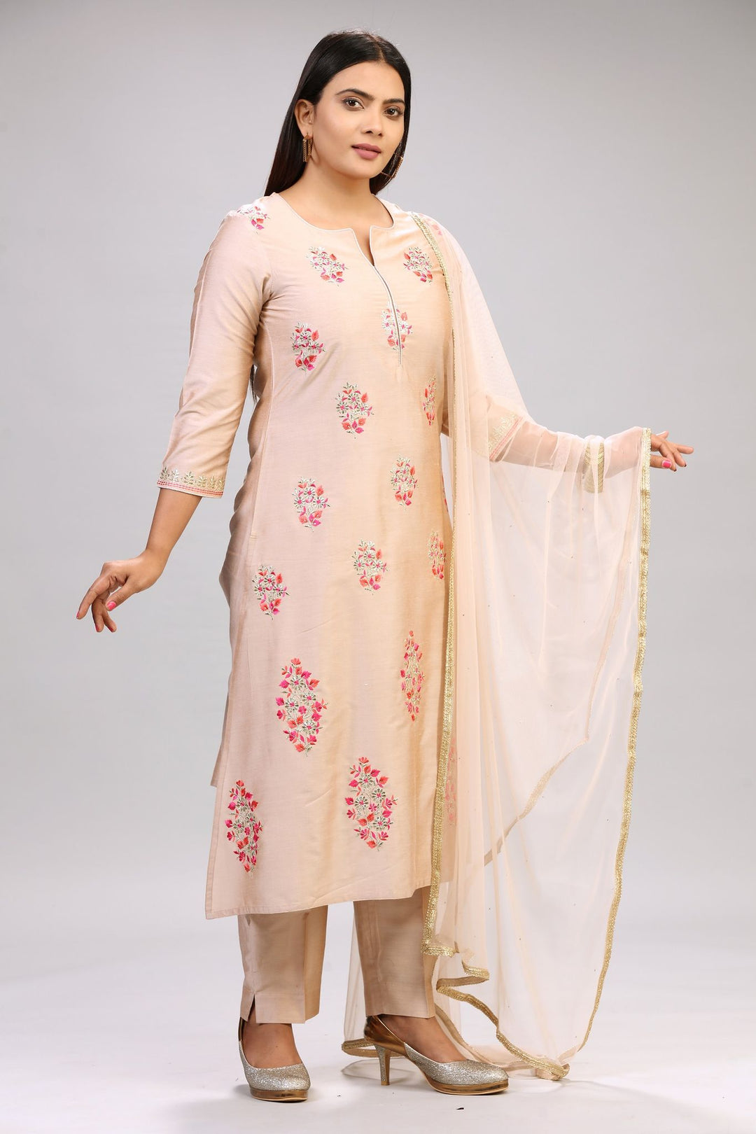 Light Peach Cotton Silk Embroidered Kurta Pant Suit Set