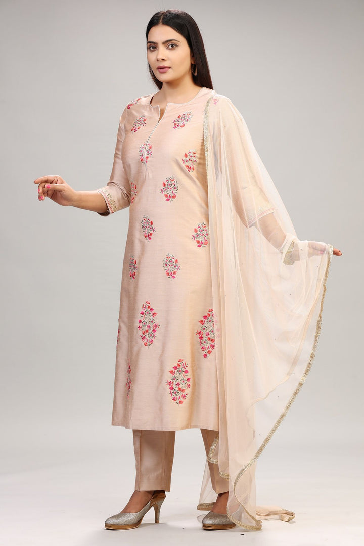 Light Peach Cotton Silk Embroidered Kurta Pant Suit Set