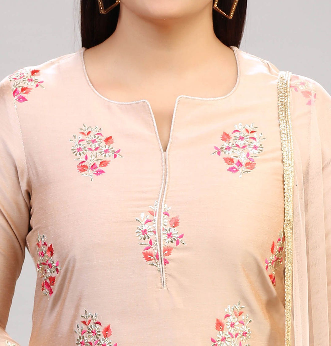 Light Peach Cotton Silk Embroidered Kurta Pant Suit Set