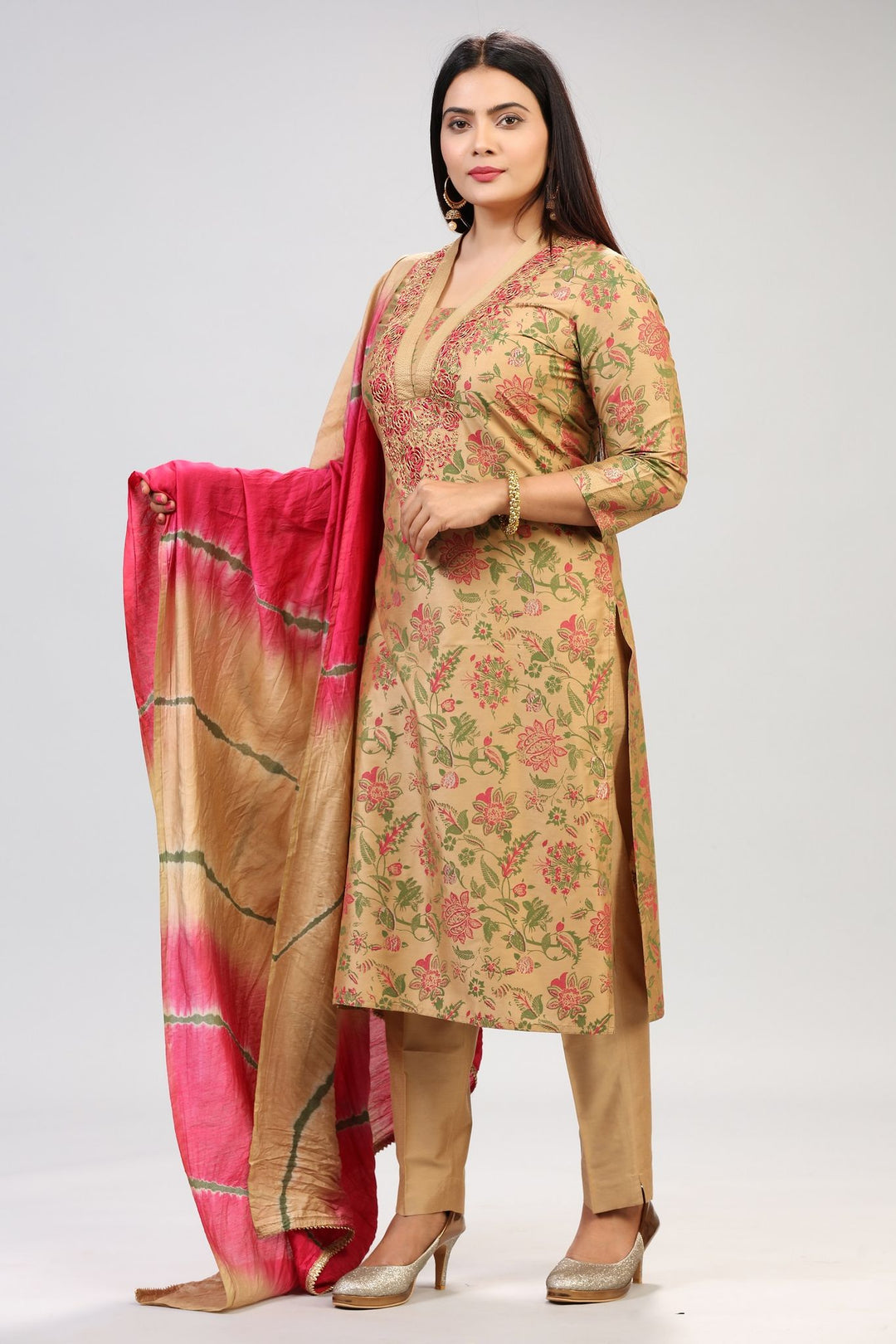 Gold Cotton Silk Embroidered Kurta Pant Suit Set