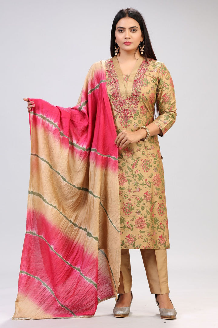 Gold Cotton Silk Embroidered Kurta Pant Suit Set