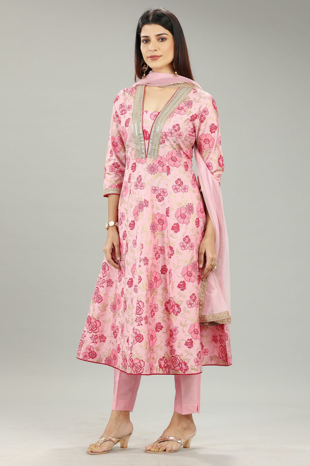 Vedya Baby Pink Cotton Silk Embroidered Anarkali Suit Set