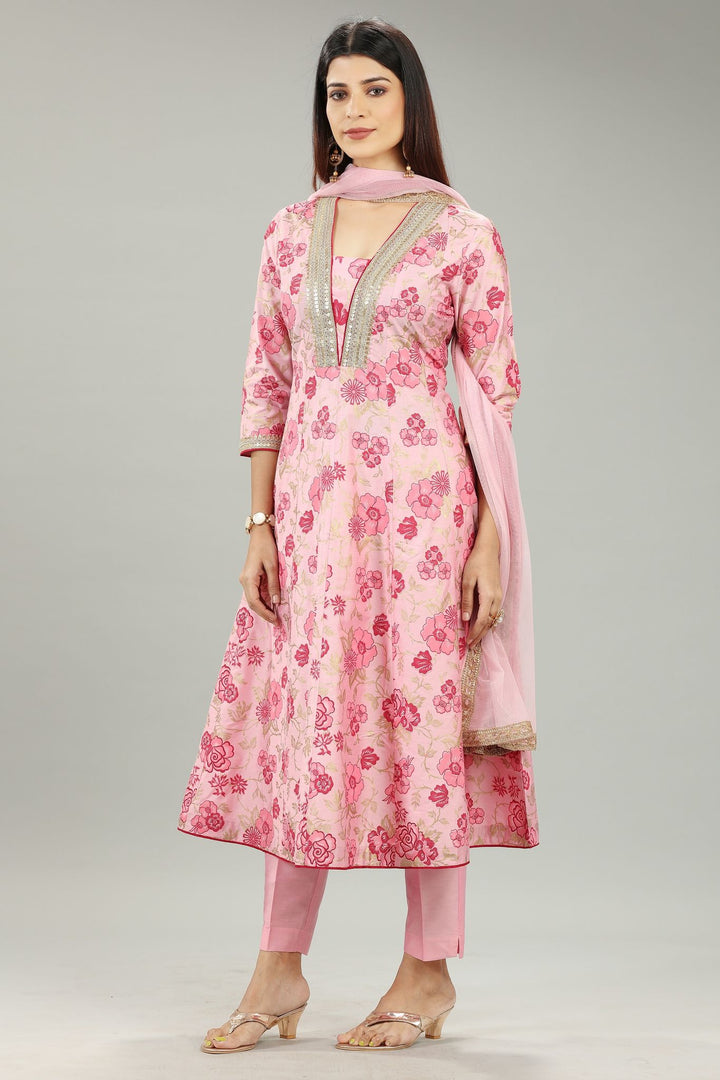 Vedya Baby Pink Cotton Silk Embroidered Anarkali Suit Set