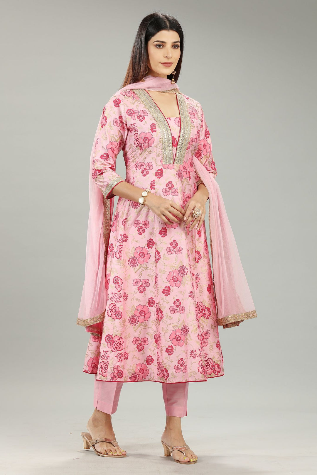 Vedya Baby Pink Cotton Silk Embroidered Anarkali Suit Set