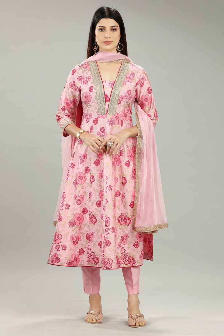 Vedya Baby Pink Cotton Silk Embroidered Anarkali Suit Set